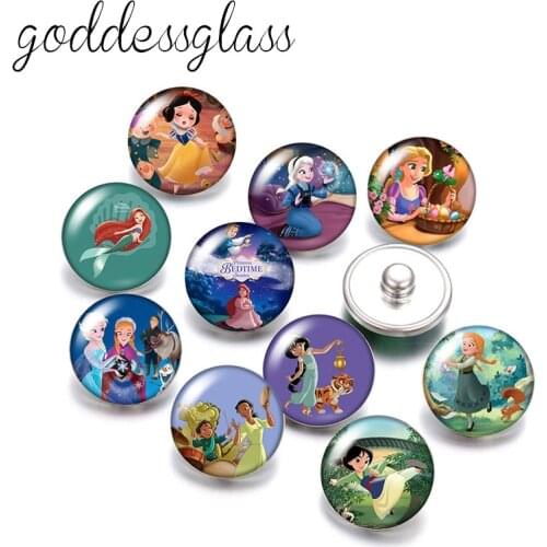Disney Princesses Snow white Sofia Elsa jasmine 10pcs Round photo glass 18mm snap buttons for 18mm snap bracelets jewelry