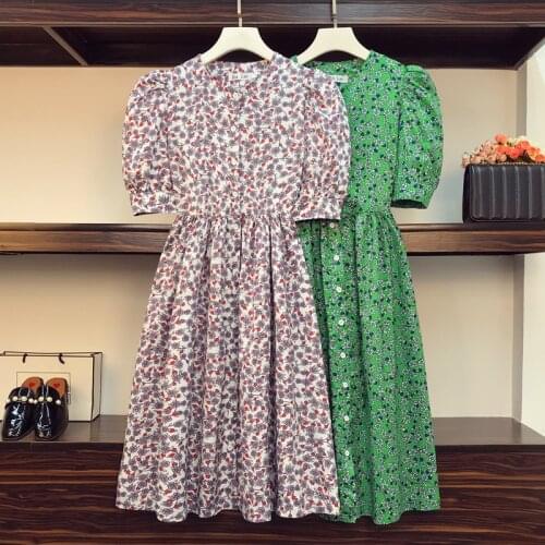EHQAXIN Plus Size Women Vintage Green Floral Dress Summer 2021 Puff Sleeve High Waist Single-Breasted Loose Ladies Shirt Dresses