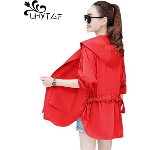 UHYTGF Elegant womens plus size tops Anti-UV breathable summer Sun protection clothing fashion hooded Cute girl thin jacket 1599