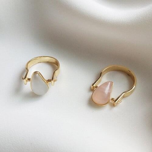 925 Sterling Silver Natural Gemstone Gold Teardrop Pink Rose Quartz Semi-precious Stone Rings US Size 8