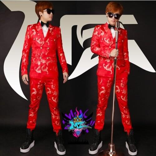 Hot New 2021 Men Slim Dj Red Dragon Embroidered Satin Double Breasted Suits Male Singer Slim Performance Party Costume
