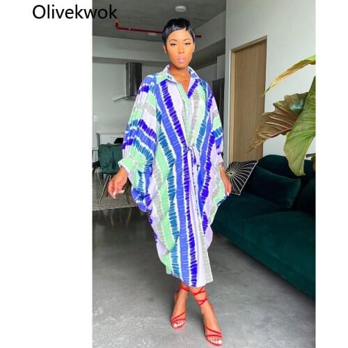 Olivekwok 2021 Summer Woman Fashion Printing Batwing Sleeve Casual Striped Sexy Shirt Dress
