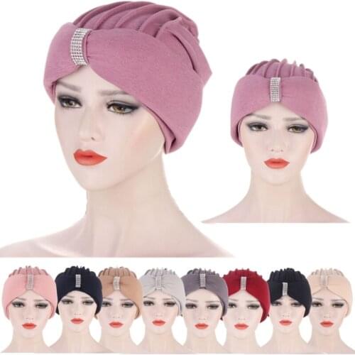 Fashion Soft Woman Wrapped Hair Caps Cosplay Show Hats Muslim Turban Rhinestone Bonnet Warm Beanie Africa Party Headscarf Cover