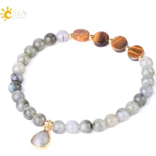 CSJA Natural Stone Men Bracelet Obsidian Labradorite Couple Bracelets Flat Tiger Eye Beads 6mm Healing Charm Bangle Jewelry F547