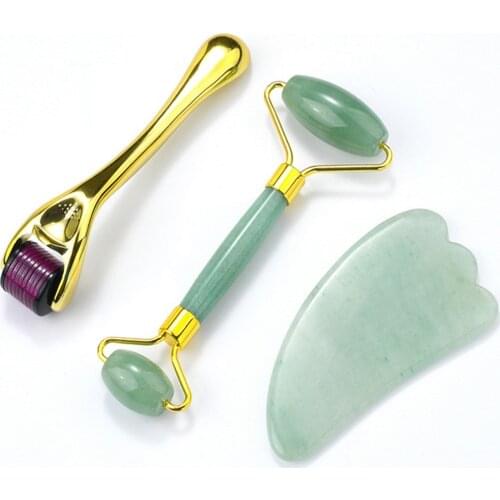 Natural Rose Quartz Roller Facial Massager Jade Roller Slimming Jade Scraper Skin Roller 0.3mm Three-Piece Massager Roller Face
