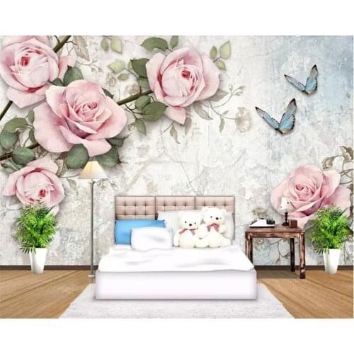 Beibehang Custom Wall Wallpaper European Vintage Rose Butterfly Garden Mural Wallpaper 3D papel de parede 3d wallpaper behang