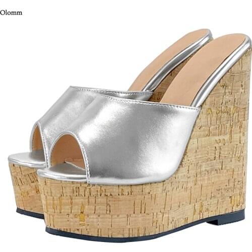 Olomm Quality Women Summer Platform Mules Sandals Wedges High Heels Open Toe Gorgeous Gold Silver Culb Wear Shoes US Size 5-20