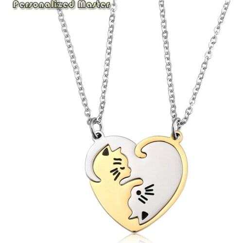 Personalized Master Engraved Yin Yang Cats Pendant Stainless Steel Pendant Necklaces Custom Name Heart Puzzle Couple Necklace