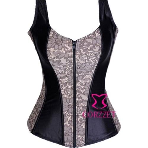 S-2XLStrap Zipper Burlesque Corsets Plus Size Women Grey Embroidery Floral Bustier Crop Tops espartilho e corselets Corpetes2014