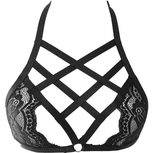 Sexy Lace Harness Bra Black Semi Perspective Women Hollow Bondage Cross Lingerie Goth Rave Body Cage Harness Belt