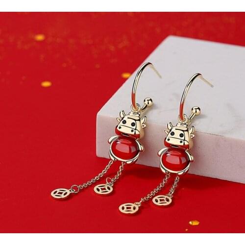 Ox Earrings For Women Cute Animal Series Red Cow Coin Tassel Drop Ears S925 Needle Fashion Chinese Style Accessproes