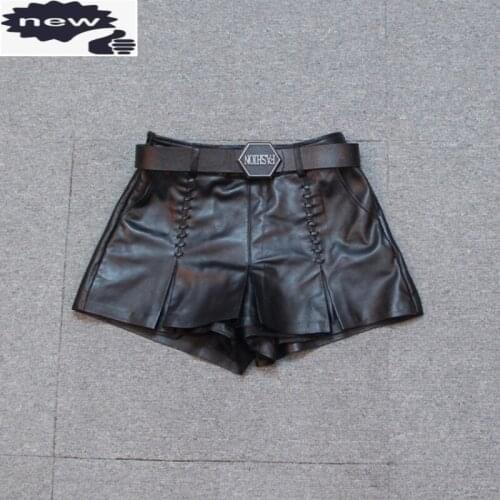 New Fashion Women Punk Black Sheepskin Genuine Leather Wide Leg Short Trousers Belted Slim Fit Casual Motor Biker Female Shorts