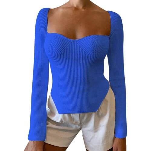 Women Sweater Sexy Square Neck Knitted Sweater Long Sleeve Autumn Irregular Hem Solid Color Women Knitwear Ladies Clothing 2021