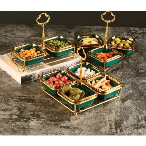 Northern Europe Dark Green Snack Platter Ceramics Dried Fruit Snack Bowl with Metal Base Double Layer Fruit Plate Tableware