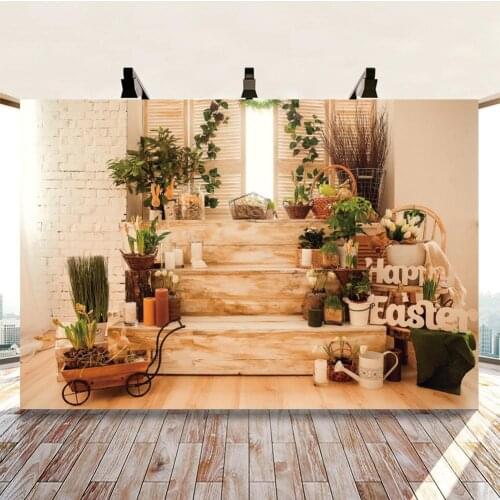 Easter Theme Window Staircase Potted Plants Backdrops Photo Vinyl Background Decorations for Kids Party Photography Props