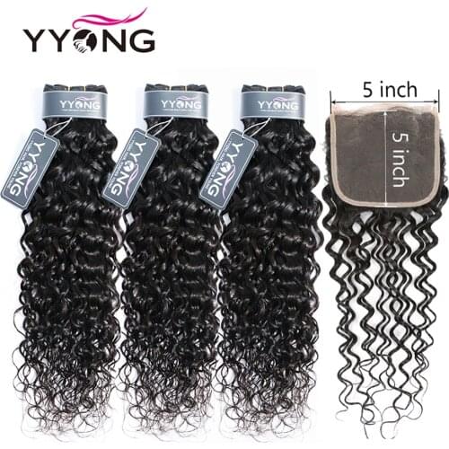 Yyong Hair 4X4& 5x5 Closure With Bundles Brazilian Water Wave Bundles With Closure Remy 3/4 Bundles Human Hair Weft With Closure