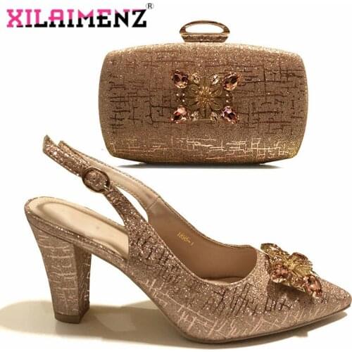 High Quality 2019 Autumn Design African Ladies Party Matching Shoes and Bag Set in Champagne Color Nigerian Women Shoe and Bag