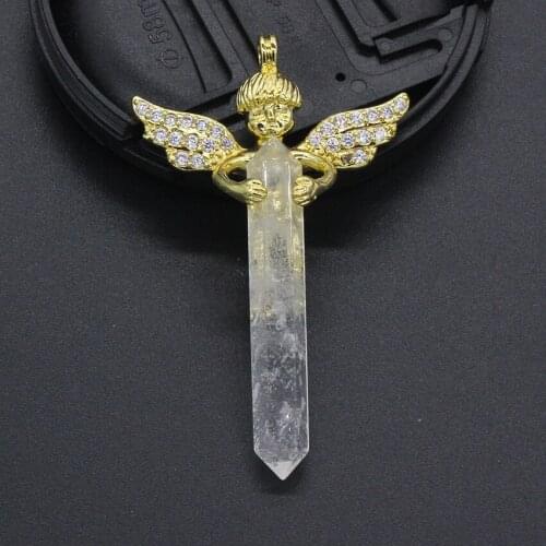FYSL Light Yellow Gold Color Angel Wrap Hexagon Column Clear Quartz Pendant White Howlite Stone Jewelry