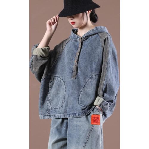 New Spring Clothes Korean Loose Patchwork Floral Hooded Denim Jacket Distressed Vintage Jeans Hedging Short Coat Women 2021 h471