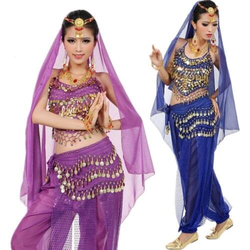 2020 Newest Bollywood Indian Belly Dance Costumes For Women Cheap Prices 5 Piece Set Women Top+Pants+Belt+Veil+Headchain