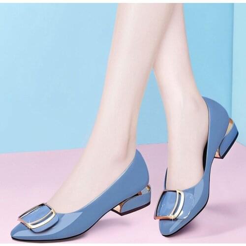 Women cute high quality sky blue 3cm low heel office shoes lady casual classic black pu leather high heel shoes