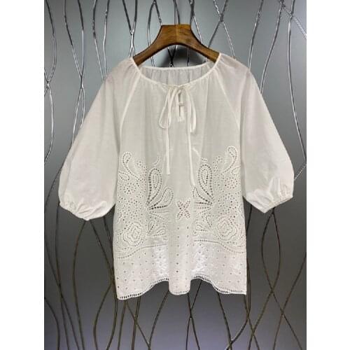 Plus size Tops 2021 Summer Style Women Hollow Out Embroidery Short Sleeve Casual Loose Tops Female Silk Cotton Blouse White