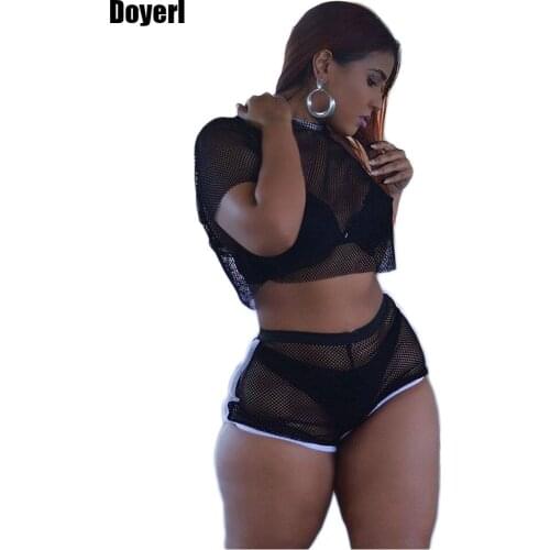 Womens Two Piece Set 2020 Summer Outfits Black Sheer Mesh Crop Top and Short Pants Hooded Sexy 2 Piece Set Fishnet Shorts Set
