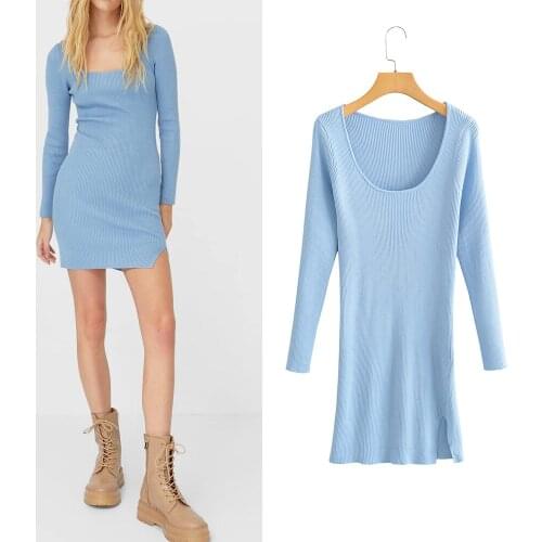 Za Women Dress Spring Knitting Cotton Square Collar Sheath Sweater Dress Fashion 2021 Long Sleeve Spring Mid-Calf Vestidos