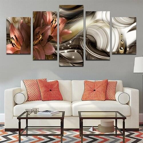 5 Pieces Decorative Painting Flower & Water Drop Wall Art Canvas HD Printing Orchid Lotus Modern Home Decor For Living Room Wall