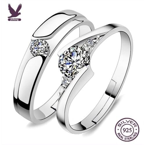 925 Sterling Silver Resizeable 2Pcs/Set Classic Couple Wedding Engagement Ring Valentine Gift Wholesale CZ Open Jewelry Dropship