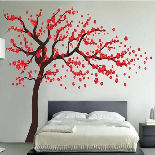 Large 3D Plum Blossom Tree Wall Sticker Red Flower Art Decal Living Room Decor Hand Painted PVC Wallpaper Removable Mural