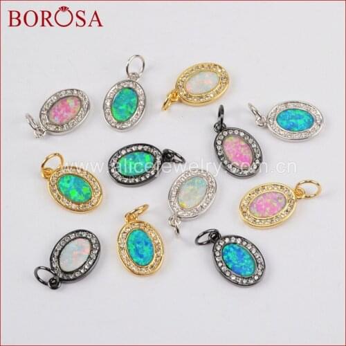 BOROSA Handcrafted CZ Micro Pave Oval Manmade Opal Pendant Beads Fashion Jewelry Drusy Pendant for Necklace DIY WX545