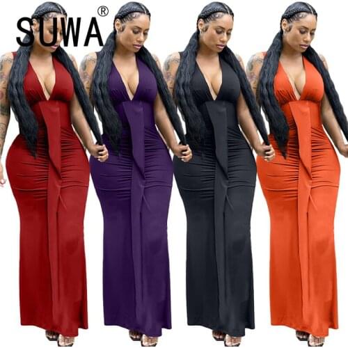 Deep V Neck Sheath Solid Dress Summer Fashion Sexy Club Party Long Maxi Dress 2021