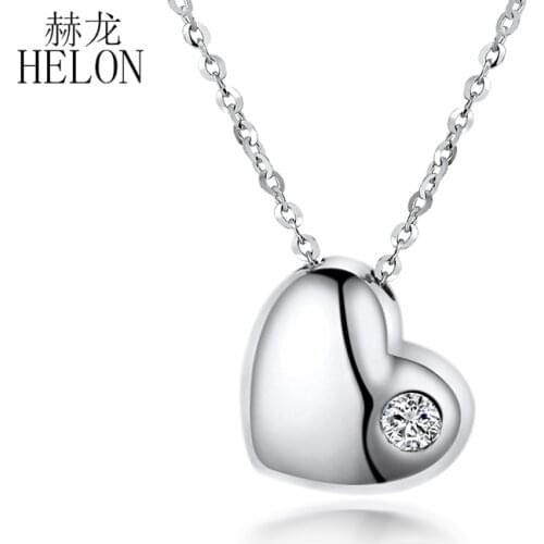 HELON Solid 18K White Gold Round Full Cut S/H 0.04CT Genuine Diamond Wedding Chain Pendant Women Trendy Love Heart Jewelry Gift