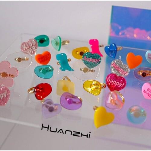 HUANZHI 2021 Individuality Colorful Transparent Acrylic Letters Dinosaur Love Flowers Adjustable Rings for Women Party Jewelry