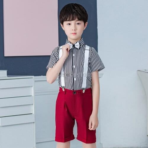 2020 Summer Kids Strap +Shirt +Shorts 3Pcs Suit Flower Boys Formal Birthday Tuxedo Dress Kids Prom Host Dance Suit Clothing Set