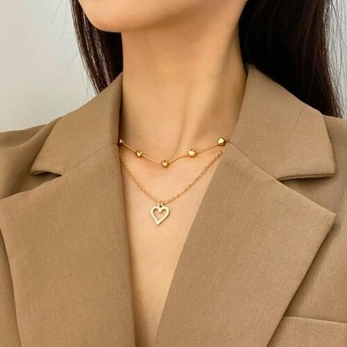 Vogallery Gold Color Heart Layered Necklace For Women Office Lady Chain On The Neck Pendant Jewelry OL Accessories