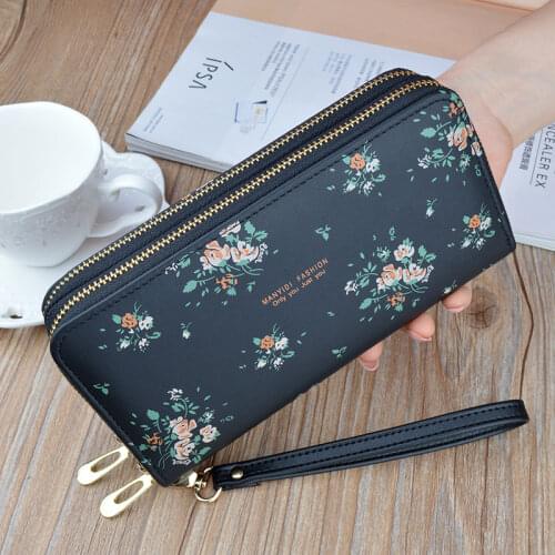 Fashion Printed Women Long Wallet Double Layer Zipper Change Bag Phone Pocket Ladies Wristband Purses Large Capacity Clutch