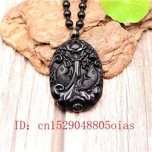 Natural Black Obsidian Dragon Carp Pendant Beads Necklace Fashion Charm Jewellery Carved Fish Amulet Gifts for Women Men