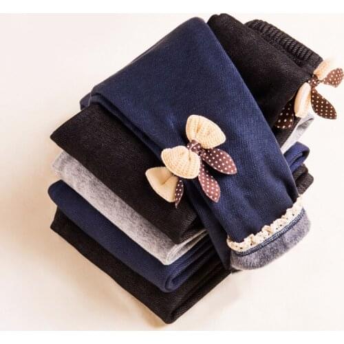 Autumn Winter Warm Thick Lace Bow Girls Leggings Kids Trousers Children Jean Pants