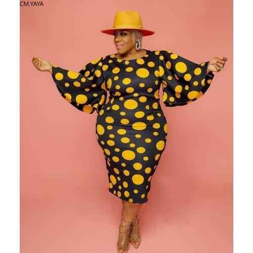 CM.YAYA Autumn Plus Size XL-5XL Sexy Club Night Party Women Flare Long Sleeve Bodycon Midi Dress Streewear Active Wear Dresses