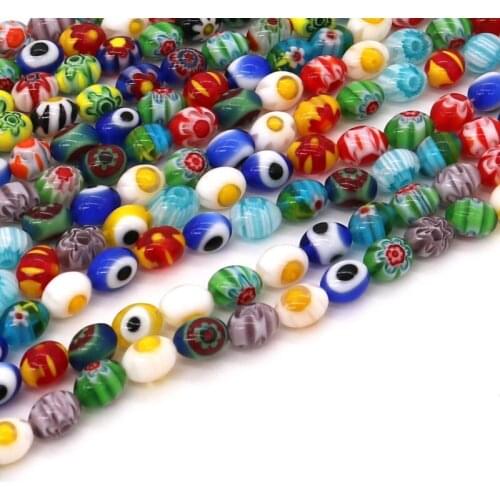 Handmade Lampwork Flower Oval Beads 50pcs 6*8mm Loose Spacer Glass eye Beads Multi Color Bead Necklace DIY For Jewelry Making