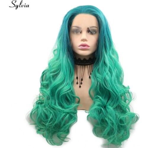 Sylvia High Temperature Hair Body Wave Free Part Hair Ombre Malachite Green Synthetic Lace Front Wig Womens Cosplay Mermaid Wig