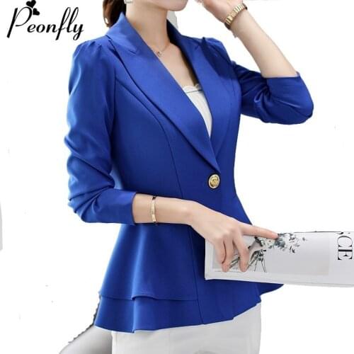 PEONFLY Women New Fashion Business Formal Suits Work Coat Elegant Ruffle Blue White Black Jacket Office Peplum Blazer