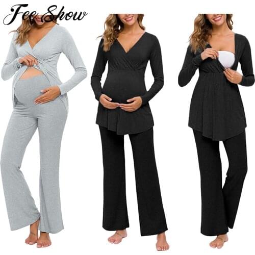 Maternity Breastfeeding Pajamas Sets Lounge Pregnancy Nursing Nightgown Pregnancy Women Long Sleeve T-shirt Top+Pants Sleepwear