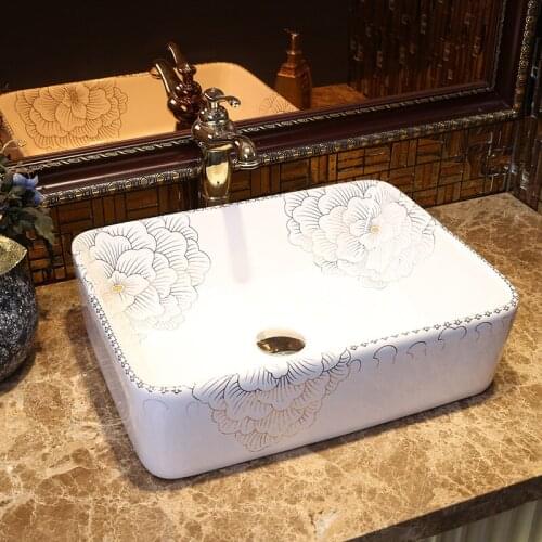 Rectangle Europe style luxury bathroom vanities chinese Jingdezhen Art Counter Top ceramic wash basin table top white