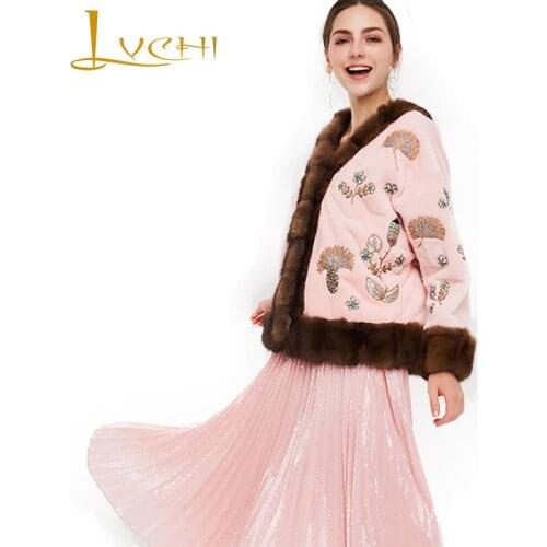 LVCHI Winter 2019 Import Swan Velvet Mink Fur Coat Womens V-Neck Long Sleeve Coat Beading Full Pelt Causal Print Mink Fur Coats