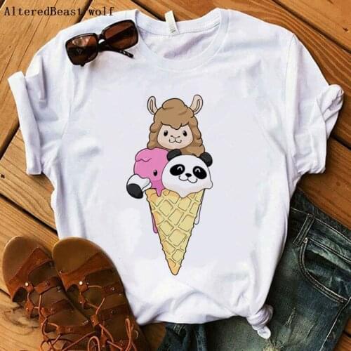 Funny Ice Cream Flamingo Panda Llama T-Shirts Women white Tops clothes harajuku cute print Llama t shirt femme christmas tshirt