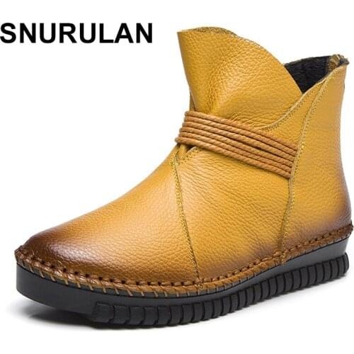 SNURULAN 2018 Winter Women short boots flat heel genuine leather zip ankle booties women plush Rubber sole Black snow boots E236