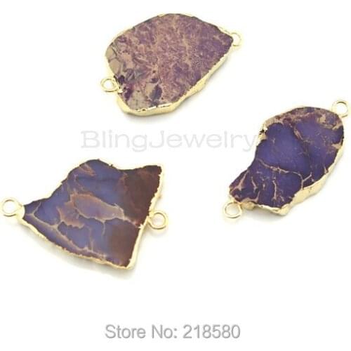 SP-060 Free Form Purple Imperial Sediment Jaspers Stone Charm Pendant Connector Edged in Gold 2 Loops